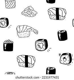 Sushi isolated icons in seamless pattern, vector illustration. Wrapping paper design for Japanese restaurant food delivery packages. Traditional Asian cuisine seafood dish, sushi and rolls menu cover.