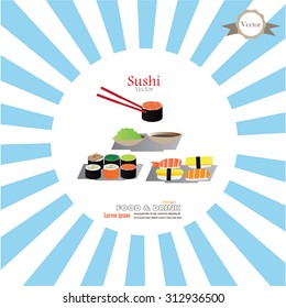 sushi isolated on sunburst background. vector illustration   