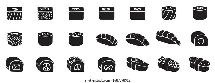 Icono de conjunto de vector aislado de sushi. Vector ilustración de la comida japonesa con fondo blanco. Icono de conjunto negro.