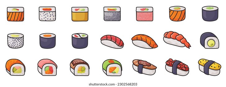 Sushi isolated vector set icon. Vector illustration japanese food on white background . Color set icon roll.