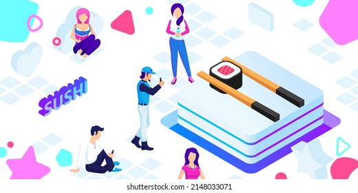Icono de diseño isométrico de sushi. Ilustración web de vectores. 3.ª colorida concepción