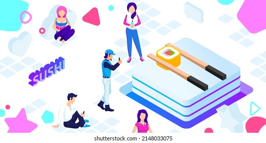 Sushi isometric design icon. Vector web illustration. 3d colorful concept