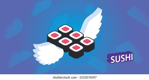 Sushi isometrisches Design Symbol. Vektorgrafik, Web-Illustration. 3D-Farbkonzept