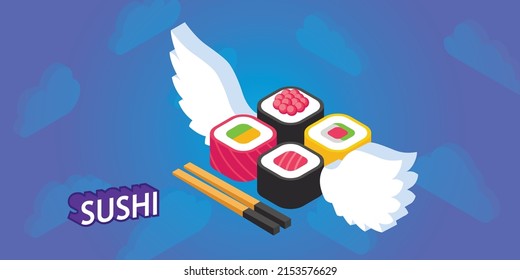 Icono de diseño isométrico de sushi. Ilustración web de vectores. 3.ª colorida concepción
