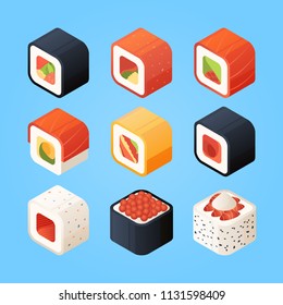 Sushi isometric. Various rolls sushi and other authentic asian food. Vector japanese food, seafood menu isometry 3d illustration
