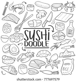 Sushi Japan Cousin Traditional Doodle Icons Sketch Hand Made Design Vector illustration Clip Art.