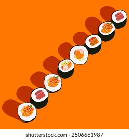 Sushi Japón Comida. Comida tradicional. Comida asiática para el menú de restaurantes. Rollo de tekkamaki con salmón, caviar, atún y pulpo. Un colorido conjunto de diferentes tipos de sushi, sombra y fondo naranja