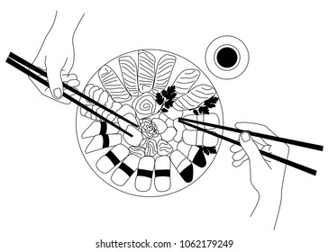 Sushi, Japan, Japanese dish, people eating sushi.  Vector illustration, clip art, cartoon. Table background outline drawing.