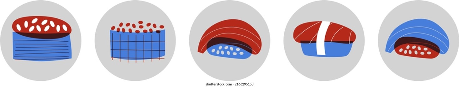 Sushi japanese Abstract Vector. Sushi roll, salmon, rice, minimal flat symbols. Seafood sushi rolls vector. Japanese seafood cuisine. Colorful and stroke icon pictogram. Japanese sushi logo.