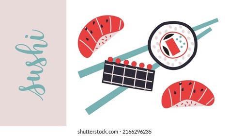 Sushi japanese Abstract Vector. Sushi roll, salmon, rice, minimal flat symbols. Seafood sushi rolls vector. Japanese seafood cuisine. Colorful and stroke icon pictogram. Japanese sushi logo.