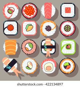 Sushi japanese cuisine food flat vector icons. 