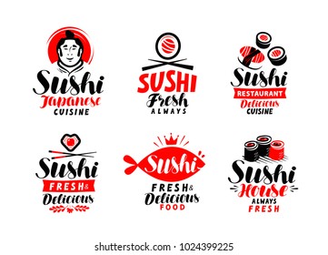 Sushi, Japanese cuisine logo or label. Set of elements for restaurant menu design. Vector illustration