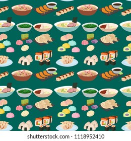 Sushi japanese cuisine traditional food flat healthy gourmet seamless pattern meal culture roll vector illustration.
