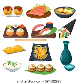 Sushi japanese cuisine traditional food flat healthy gourmet icons and oriental restaurant rice asia meal plate culture roll vector illustration.