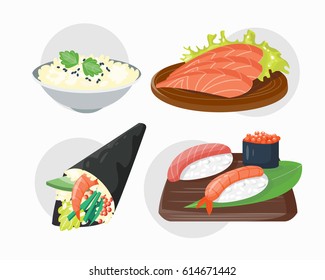 Sushi japanese cuisine traditional food flat healthy gourmet icons and oriental restaurant rice asia meal plate culture roll vector illustration.