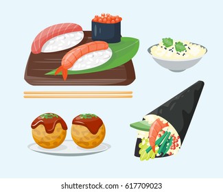 Sushi japanese cuisine traditional food flat healthy gourmet icons and oriental restaurant rice asia meal plate culture roll vector illustration.