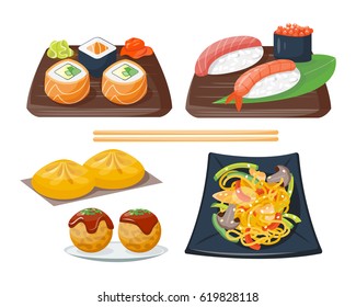 Sushi japanese cuisine traditional food flat healthy gourmet icons and oriental restaurant rice asia meal plate culture roll vector illustration.