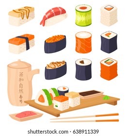 Sushi japanese cuisine traditional food flat healthy gourmet icons asia meal culture roll vector illustration. Text Tea Time on teapot