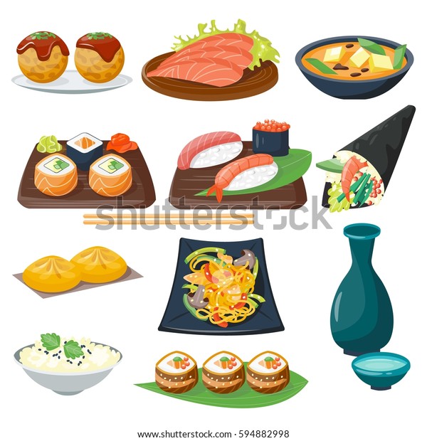 寿司日本料理传统食品平健康美食图标和东方餐厅米亚餐盘文化卷矢量插画 库存矢量图 免版税