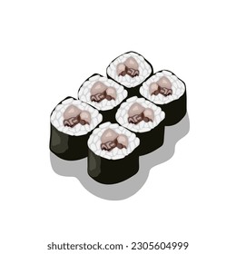 Sushi, Japanese cuisine, vector illustration. Roll with octopus. Realistic picture on a white background