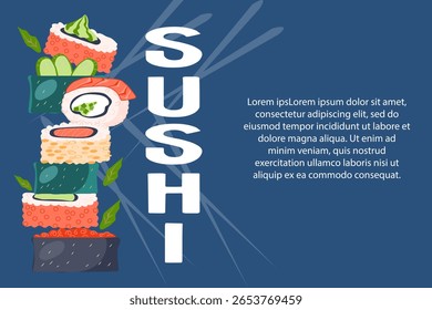 Sushi and Japanese food banner or flyer, vector illustration. Design elements pack for Japanese restaurant and takeaway services.
