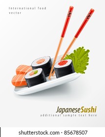 Sushi japanese food with fish and chopsticks on the plate vector illustration