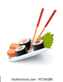 Sushi japanese food with fish and chopsticks on the plate vector illustration isolated on white background