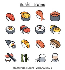 Sushi and Japanese food icon set in color line style