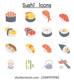 Sushi and Japanese food icon set  in flat color style