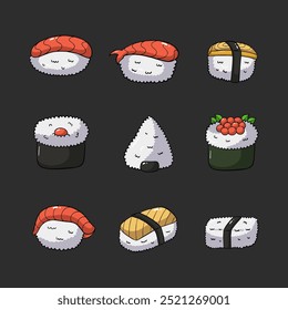 Sushi japanese food icon symbol hand drawn style. collection of isolated cartoon illustrations