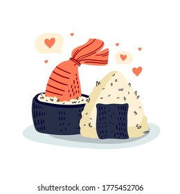 Sushi. Japanese food. Isolated Vector illustration. Funny colored typography poster, apparel print design. Scandinavian nordic design for bar or interior or cover or textile or background.