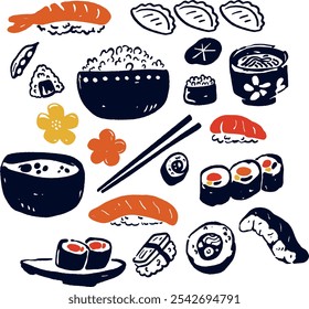 Sushi Japanese Food Menu Cute Foodie Vector Illustration Set