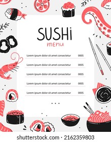 Diseño de menús de comida sushi y japonesa con elementos gastronómicos. Menú de cocina asiática. Ilustración vectorial.