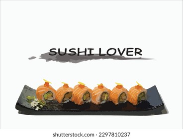 Sushi, japanese food menu vector illustration. cartoon isolated plate with chopsticks