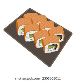 Sushi, Japanese food menu vector illustration. Philadelphia roll with salmon, avocado and cucumber. Isolated on white background