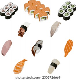 Sushi, Japanese food menu vector illustration. Rolls and sushi isolated on white background. Salmon sushi, eel, tuna, octopus. Philadelphia roll, roll with cucumber.