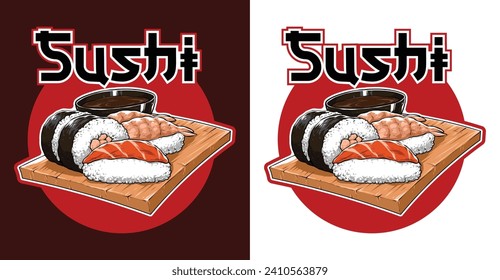 Sushi, Japanese food menu vector illustration. Cartoon ,salmon for eating with soy sauce, wasabi and ginger in sushi bar or Japan restaurant