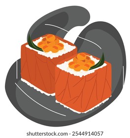 Sushi, ilustração vetorial do menu de comida japonesa. O rolo de sushi apresenta uma camada exterior rosa que lembra o salmão, 