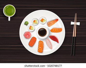 Sushi, Japanese food on dark wooden table background
