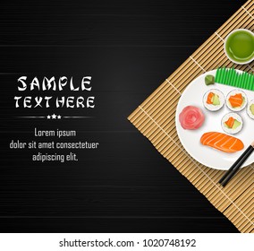 Sushi, Japanese food on dark wooden table background