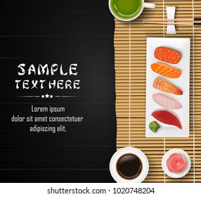 Sushi, Japanese food on dark wooden table background