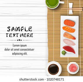 Sushi, Japanese food on wooden table background