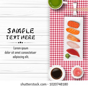 Sushi, Japanese food on wooden table background