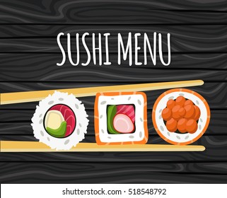 Sushi, Japanese food on a wooden background. Sushi rolls flat food and japanese seafood sushi rolls. Asia cuisine restaurant delicious. Sushi roll with salmon, smoked eel, selective food vector.