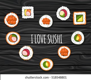 Sushi, Japanese food on a wooden background. Sushi rolls flat food and japanese seafood sushi rolls. Asia cuisine restaurant delicious. Sushi roll with salmon, smoked eel, selective food vector.