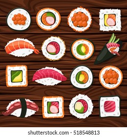 Sushi, Japanese food on a wooden background. Sushi rolls flat food and japanese seafood sushi rolls. Asia cuisine restaurant delicious. Sushi roll with salmon, smoked eel, selective food vector.