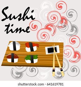 Sushi, Japanese food on a wooden background. Sushi rolls flat food and japanese seafood sushi rolls. Asia cuisine restaurant delicious. Sushi roll with salmon,