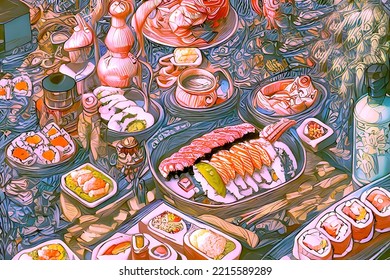 Sushi Japanese food painting graphic illustration wallpaper background art 
