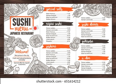 Sushi And Japanese Food Restaurant Menu In Sketch Hand Drawn Style