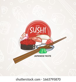 Sushi. Japanese food. Rolls with fish and caviar on eco plate, chopsticks, ginger and soy sauce. Delicious vector illustraton for restaurant and bar menu, booklets or prints